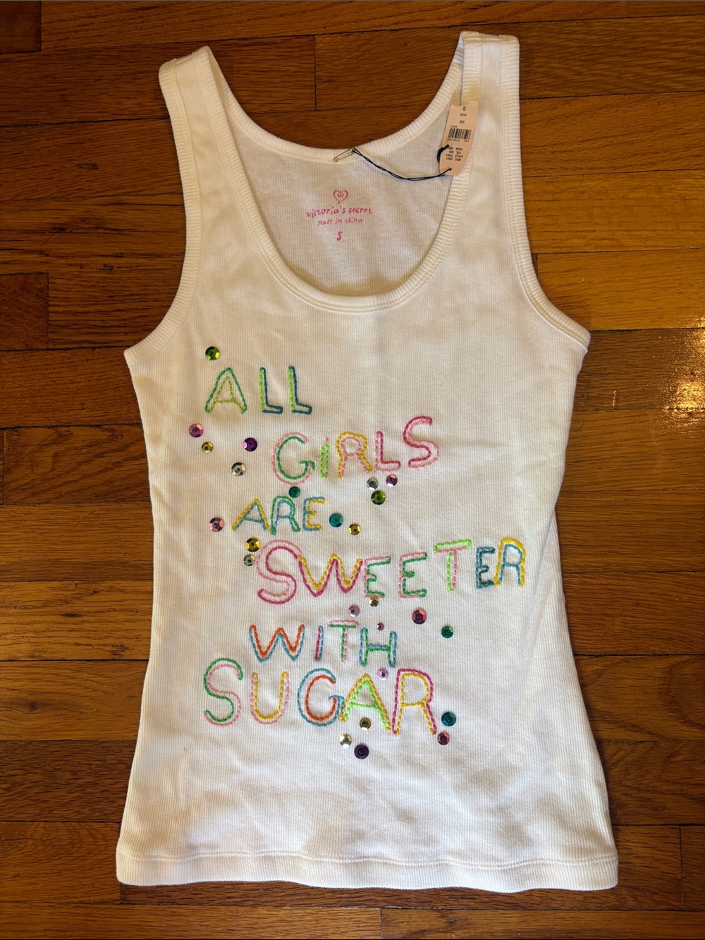 NWT Victoria's Secret White Ribbed Tank w/ Embroidery, Sequins - Small